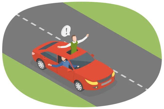 3 D Isometric Flat Vector Illustration Of Dangerous Car Driving Passenger Hanging Out Of Sunroof Illustration