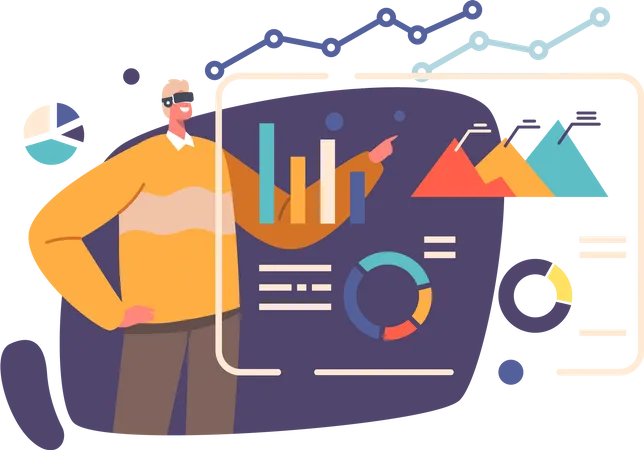 Character Work With Data In Cyberspace Concept Of Analytics Finance Risk Management Artificial Intelligence Machine Learning Man In Vr Goggles At AR Dashboard Cartoon People Vector Illustration Illustration