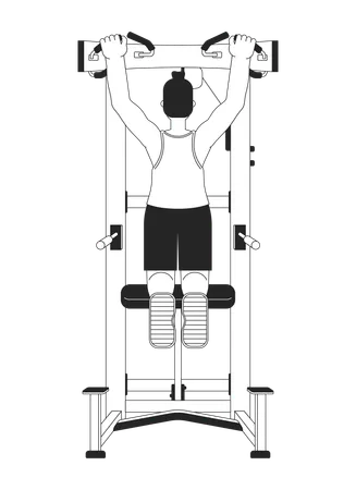 Man Doing Dead Hangs On Pull Up Machine Flat Line Black White Vector Character Editable Outline Full Body Person Stretching Upper Body Simple Cartoon Isolated Spot Illustration For Web Design Illustration