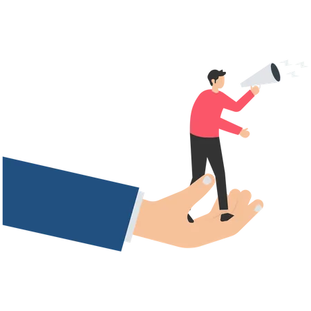 Empower Or Encourage Employee To Speak Out Talk Or Discuss To Solve Business Problem Listening To Feedback Or Opinion Concept Giant Hand Help Businesswoman Employee To Speak Out With Megaphone Illustration