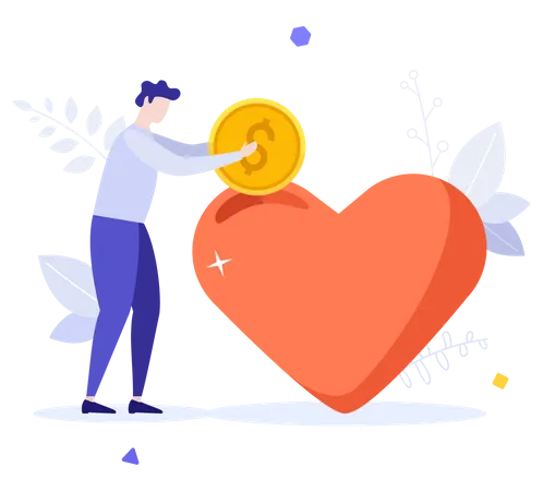Man Putting Coin Into Heart Concept Of Charity Donation Financial Assistance Aid Or Support Philanthropy Donating Money To Nonprofit Organization Or Foundation Modern Flat Vector Illustration Illustration