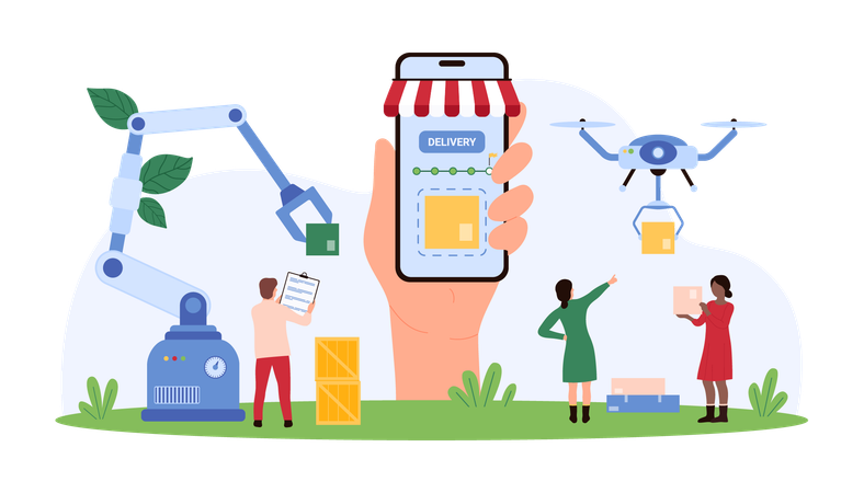 Man doing drone delivery via mobile app  Illustration