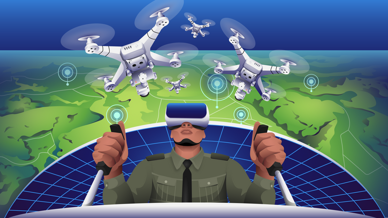 Man doing Drone Surveillance Using VR Goggles for Emergency Services  Illustration