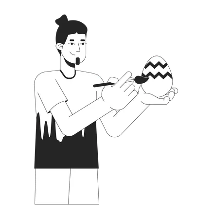Easter Egg Painting Man Adult Caucasian Black And White 2 D Line Cartoon Character Holds Egg Happy Guy Isolated Vector Outline Person Easteregg Eastertide Custom Monochromatic Flat Spot Illustration 일러스트레이션
