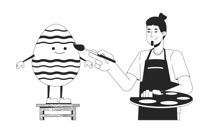 Easter Eggs Painting Custom Black And White 2 D Illustration Concept Artist Palette Guy Decorating Easteregg Cartoon Outline Characters Isolated On White Pasch Metaphor Monochrome Vector Art Illustration