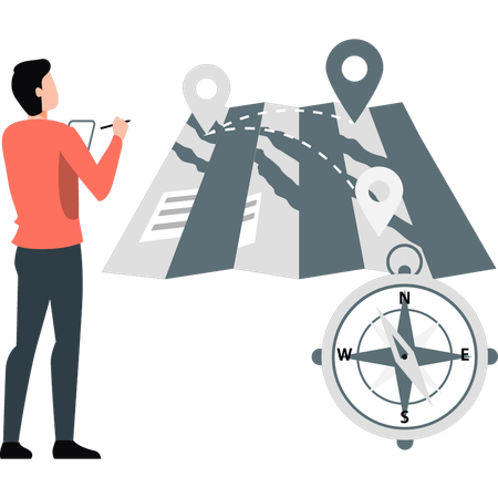 Man doing editing in map using direction compass  Illustration