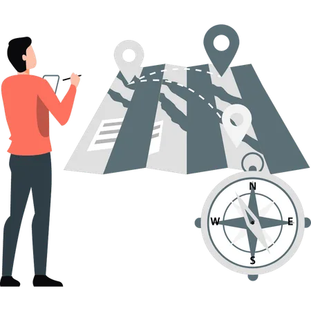 Man doing editing in map using direction compass  Illustration