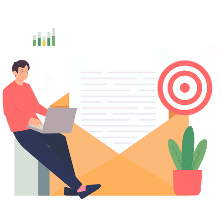 Man doing Email Marketing Strategy with Target Focus  Illustration