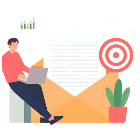 Man doing Email Marketing Strategy with Target Focus  Illustration