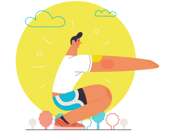 Runner Stretch Flat Vector Concept Illustration Of A Young Man Wearing T Shirt And Blue Shorts Warming Up Squatting Before Run Outside Healthy Activity And Lifestyle Park Trees Hills Landscape Illustration