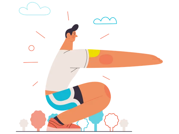 Runner Stretch Flat Vector Concept Illustration Of A Young Man Wearing T Shirt And Blue Shorts Warming Up Squatting Before Run Outside Healthy Activity And Lifestyle Park Trees Hills Landscape 일러스트레이션