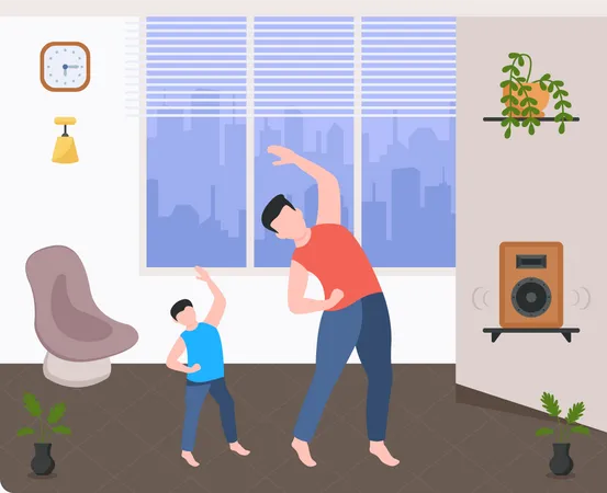 Man doing exercise with son  Illustration