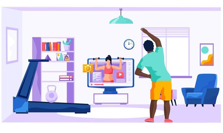 Man doing exercises at home front of the TV  Illustration