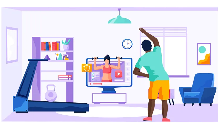 Man doing exercises at home front of the TV  Illustration