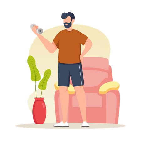 Man doing exercises with dumbbells at home Illustration