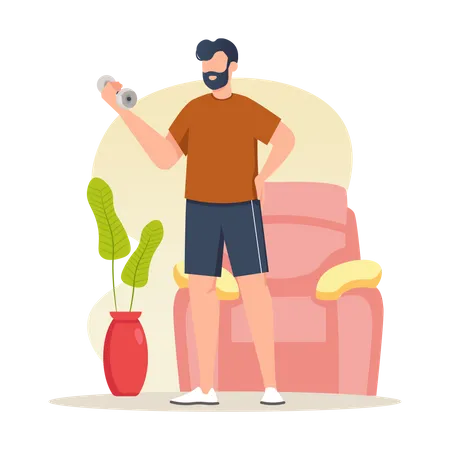 Man doing exercises with dumbbells at home  Illustration