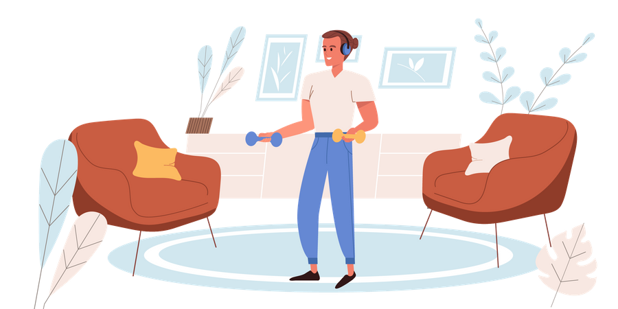 Man doing exercises with dumbbells in living room Illustration