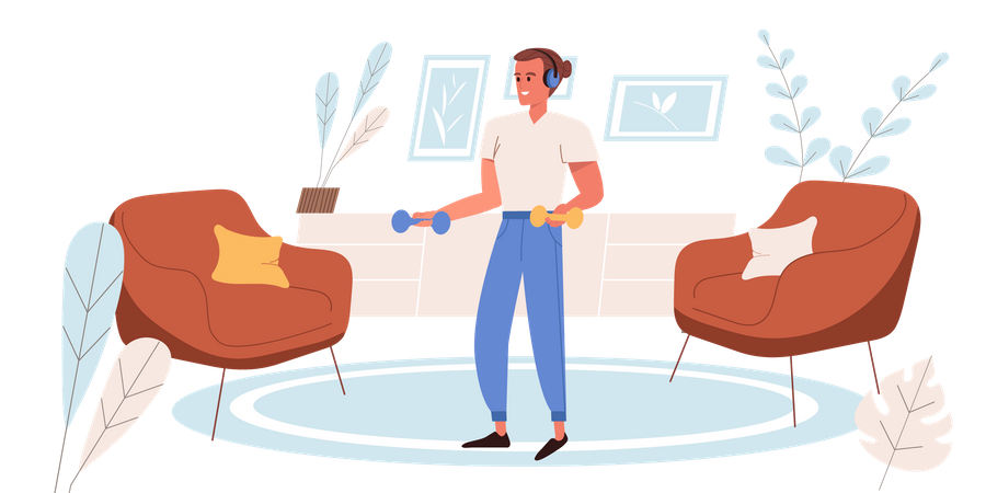 Man doing exercises with dumbbells in living room  Illustration