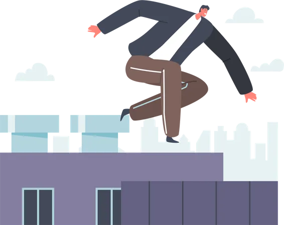 Parkour Extreme Tricks Young Man Character Street Jumping Over Walls And Building Roof Urban Sport Activity And Culture Teenager Lifestyle Free Runner Stunts Cartoon People Vector Illustration Illustration