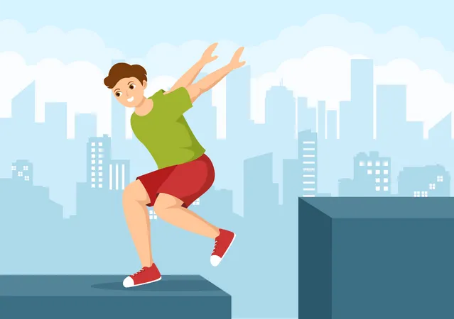 Parkour Sports With Young Men Jumping Over Walls And Barriers In City Streets And Buildings In Flat Cartoon Hand Drawn Template Illustration Illustration