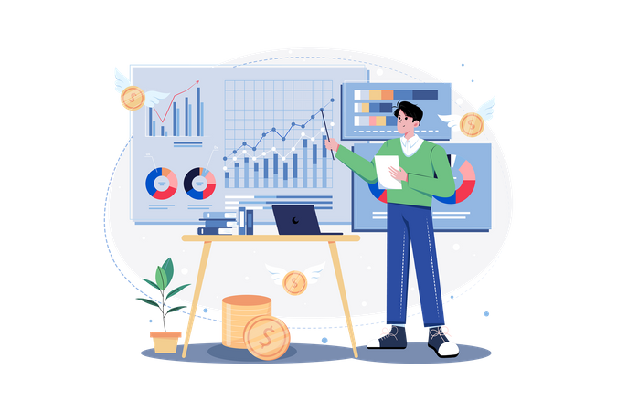 Man doing financial data analysis  Illustration