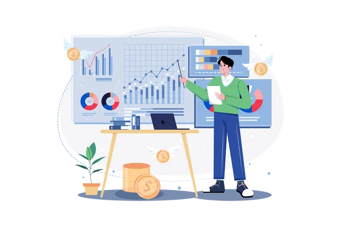 Man doing financial data analysis  Illustration