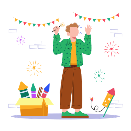 Man doing fireworks on new year night  Illustration