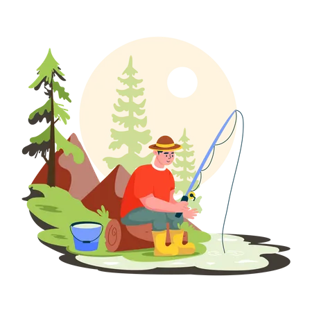 Modern Flat Illustration Of Forest Fishing Illustration