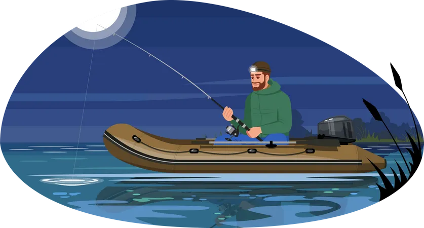 Man doing fishing at night time  Illustration
