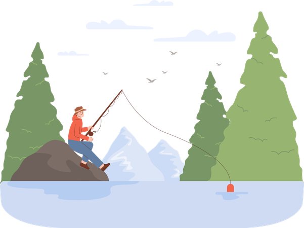 Man doing fishing at river  Illustration