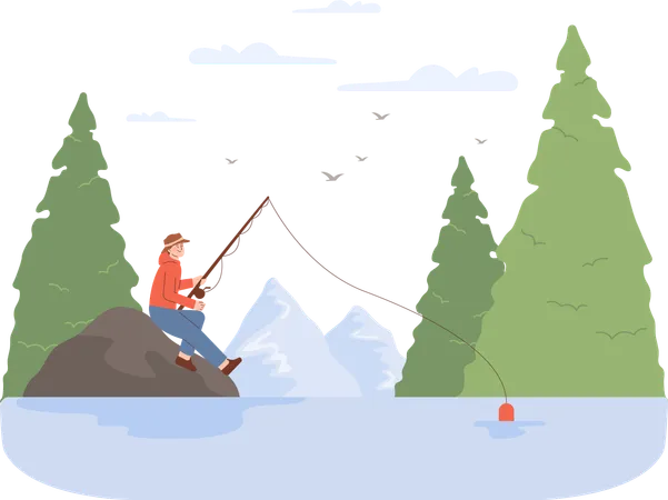 Man doing fishing at river  Illustration