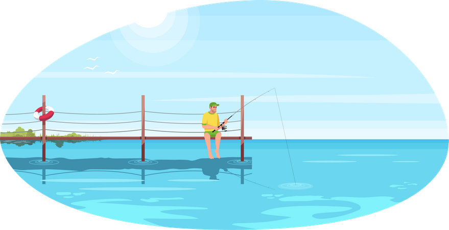 Man doing fishing on bridge during day Illustration