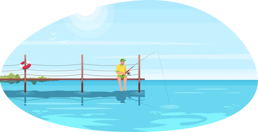 Man On Bridge During Day Semi Flat Vector Illustration Person On Vacation At Ocean Fishing With Rod Hobby For Summer Recreation Fisherman 2 D Cartoon Characters For Commercial Use Illustration