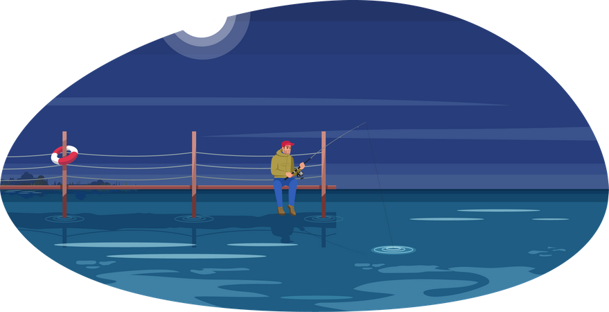 Man doing fishing on bridge during night Illustration