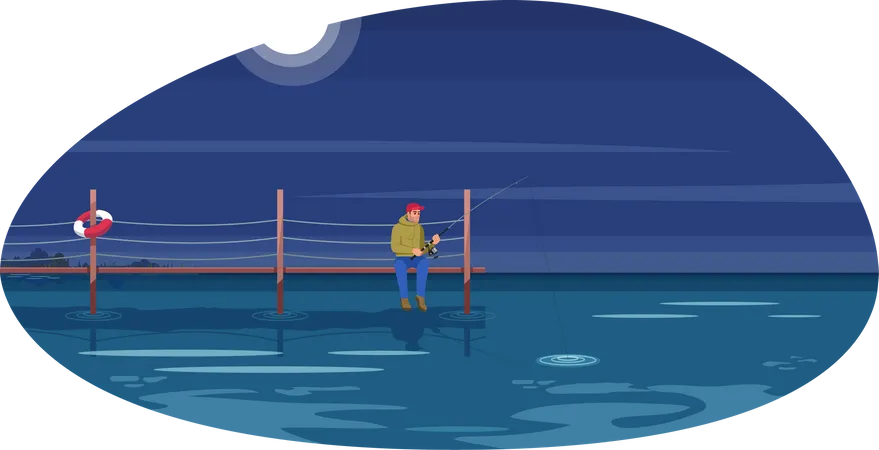 Man On Bridge During Night Semi Flat Vector Illustration Person On Vacation At Ocean Fishing With Rod Hobby For Summer Recreation Fisherman 2 D Cartoon Characters For Commercial Use Illustration