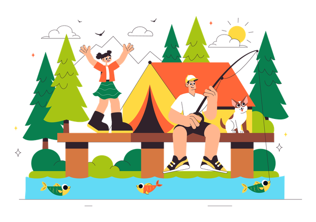 Man doing fishing on Summer Camping  Illustration