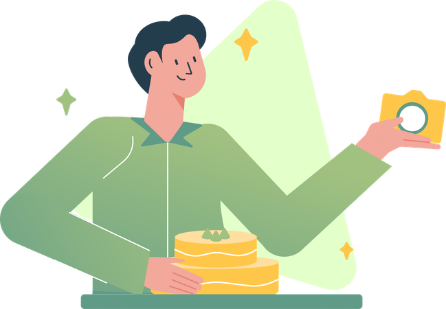 食べ物のビデオブログをしている男性  イラスト