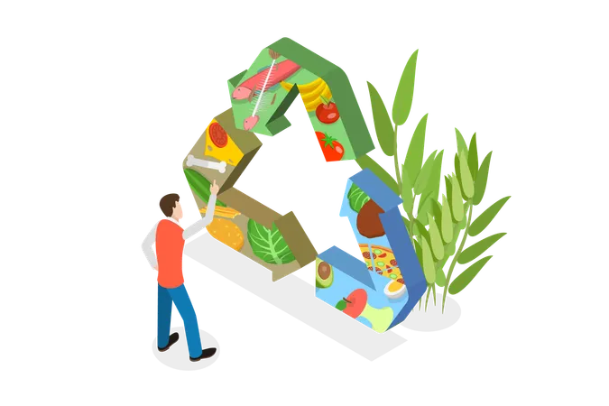 3 D Isometric Flat Vector Conceptual Illustration Of Food Waste Recycling Trash Composting Process イラスト