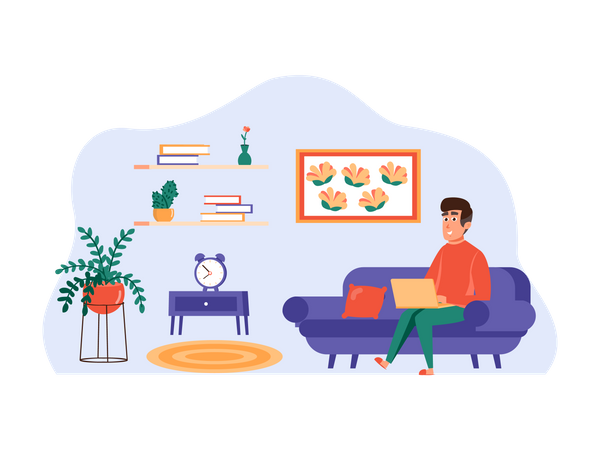 Man doing freelancing from home sitting on couch Illustration