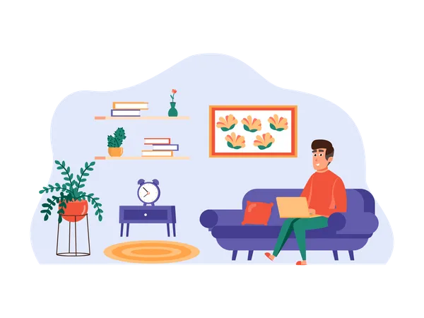 Man doing freelancing from home sitting on couch Illustration