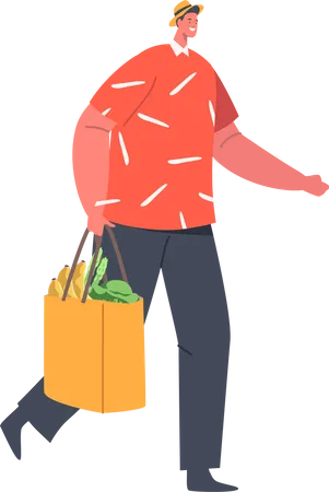 Male Character Carrying Groceries In Shopping Bag Happy Man Shopper With Fresh Foods For Healthy Lifestyle Person With Goods Isolated On White Background Cartoon People Vector Illustration Illustration