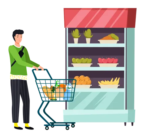 Man doing grocery shopping at supermarket Illustration