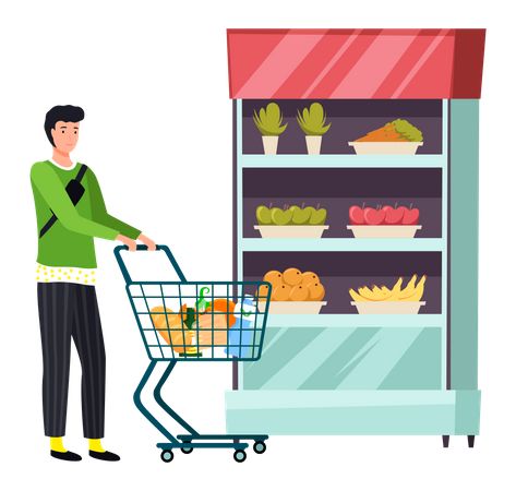 Man doing grocery shopping at supermarket  Illustration