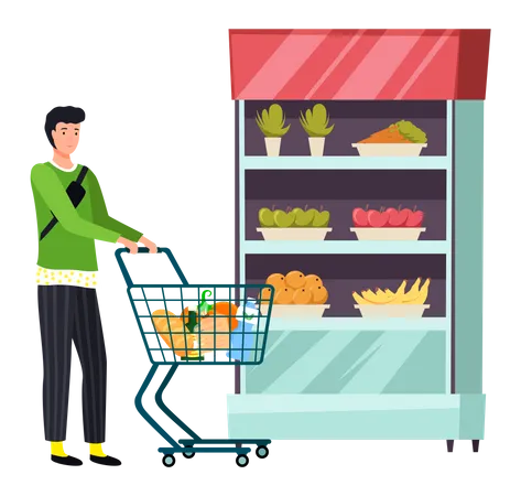 Man doing grocery shopping at supermarket  Illustration