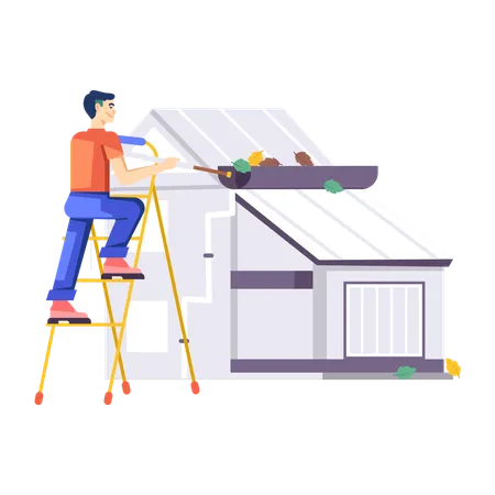 Man doing Gutter Cleaning  Illustration