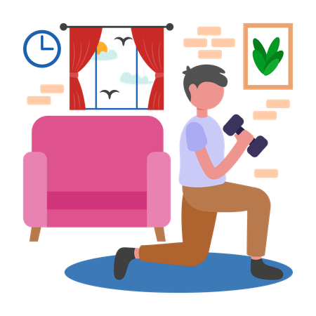 自宅でトレーニングをする男性  イラスト