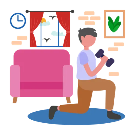 自宅でトレーニングをする男性  イラスト