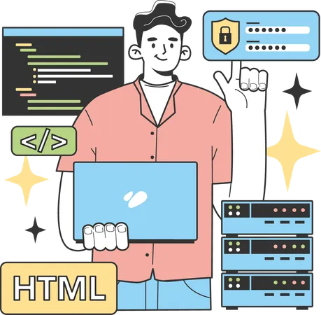 Man doing html coding with security  Illustration