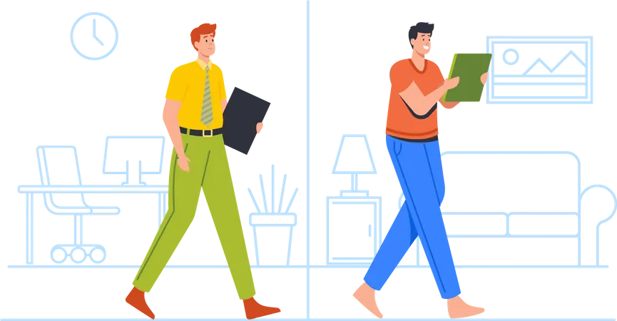 Distant Working From Home Flexibility Concept Male Character Hybrid Work Man At Separated Area Office And Home Interior Wear Formal Suit And Domestic Clothes Cartoon People Vector Illustration Illustration
