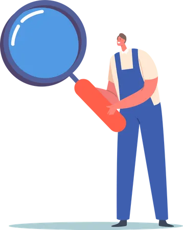 Tiny Male Character Wear Worker Overalls Holding Huge Magnifying Glass Isolated On White Background Information Research Technical Support Or Maintenance Concept Cartoon People Vector Illustration Illustration